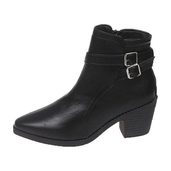 Black Ankle Boots Women Pointed Toe With Side Zipper Chunky Heel For Casual Winter Outfits