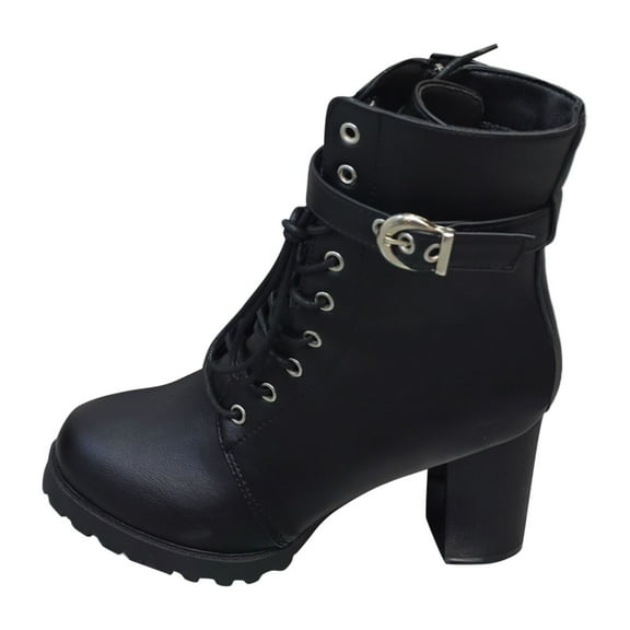 Black Ankle Boots Women Solid Leather Plus Size Side Zipper Belt Buckle High Heel Platform Ankle Boots Black Booties Black 37