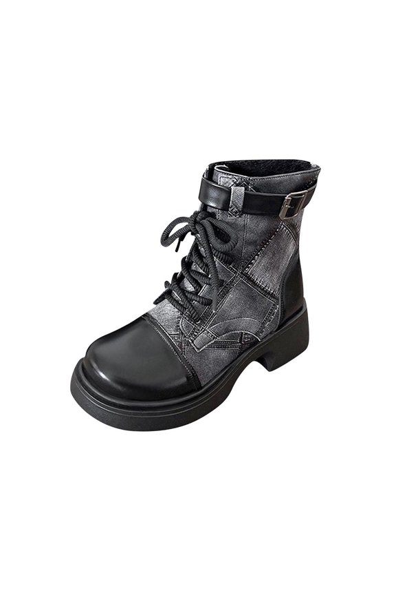 Black Ankle Boots For Womens Laced Casual Short Boots With Chunky Heel And Spliced Round Toe Design Ideal For Everyday Outfits And Relaxed Style Size 41
