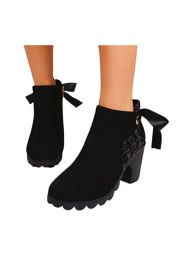 Black Ankle Boots for Women Splice Suede Platform Chunky Heel Lace up Bowknot Trendy Zipper Fall Booties