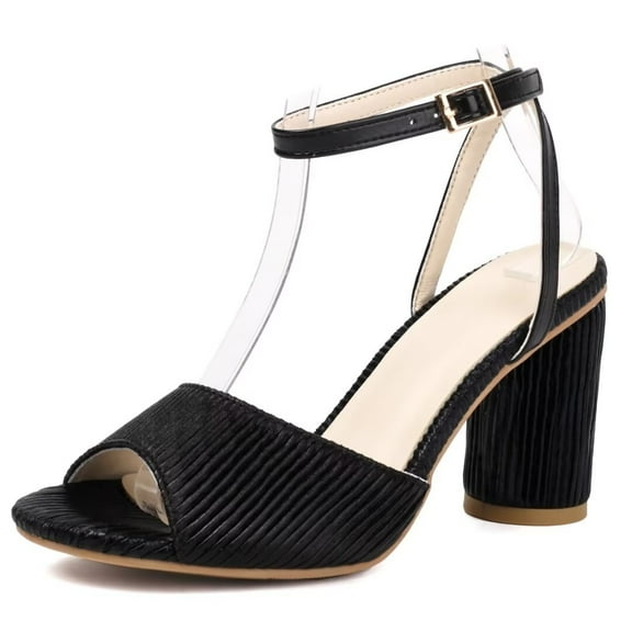 Black Ankle Strap Round High Heels Sandals, Pleated Open Toe Sandals