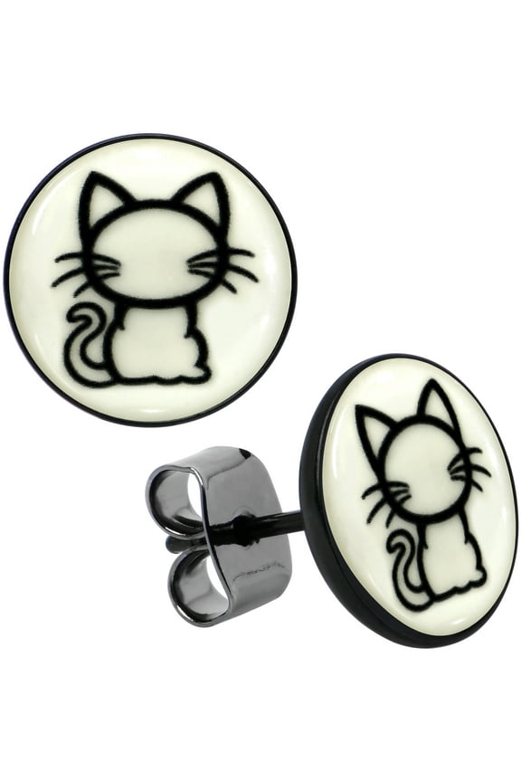 Black Anodized Kitty Cat Glow in the Dark Stud Earrings