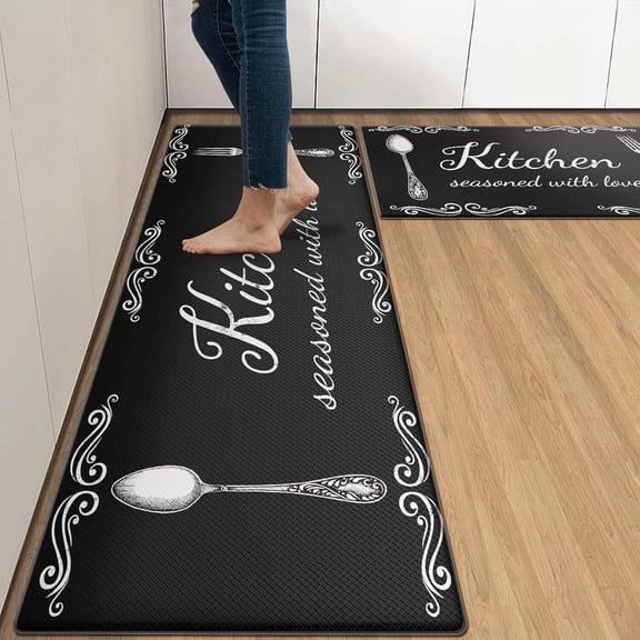 Black Anti-Fatigue Kitchen Rug Set of 2 Farmhouse Rustic Cushioned Floor Standing Mat Waterproof Non-Slip Mat