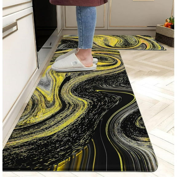 Black Anti Fatigue Mats Kitchen Mats for Floor Marble Kitchen Floor Kitchen Mat Cushioned Memory Foam Non Slip PVC Leather Padded Comfort Standing Kitchen Rugs Set of 2, C2