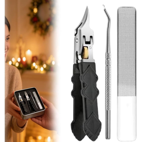 Black Anti-Slip Grip Gear Lock Nail Clipper Set, Ultra-Sharp Curved Blades for Precise Access to Grooves, Heavy Duty Pedicure Tool for Men & Seniors