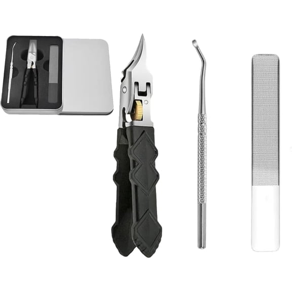 Black Anti-Slip Grip Gear Lock Nail Clipper Set with Ultra-Sharp Tips for Precise Access to Nail Grooves, Pro Nail Tools Eagle Beak Angled Nail Clippers 3-Piece Set (A, 1pcs)