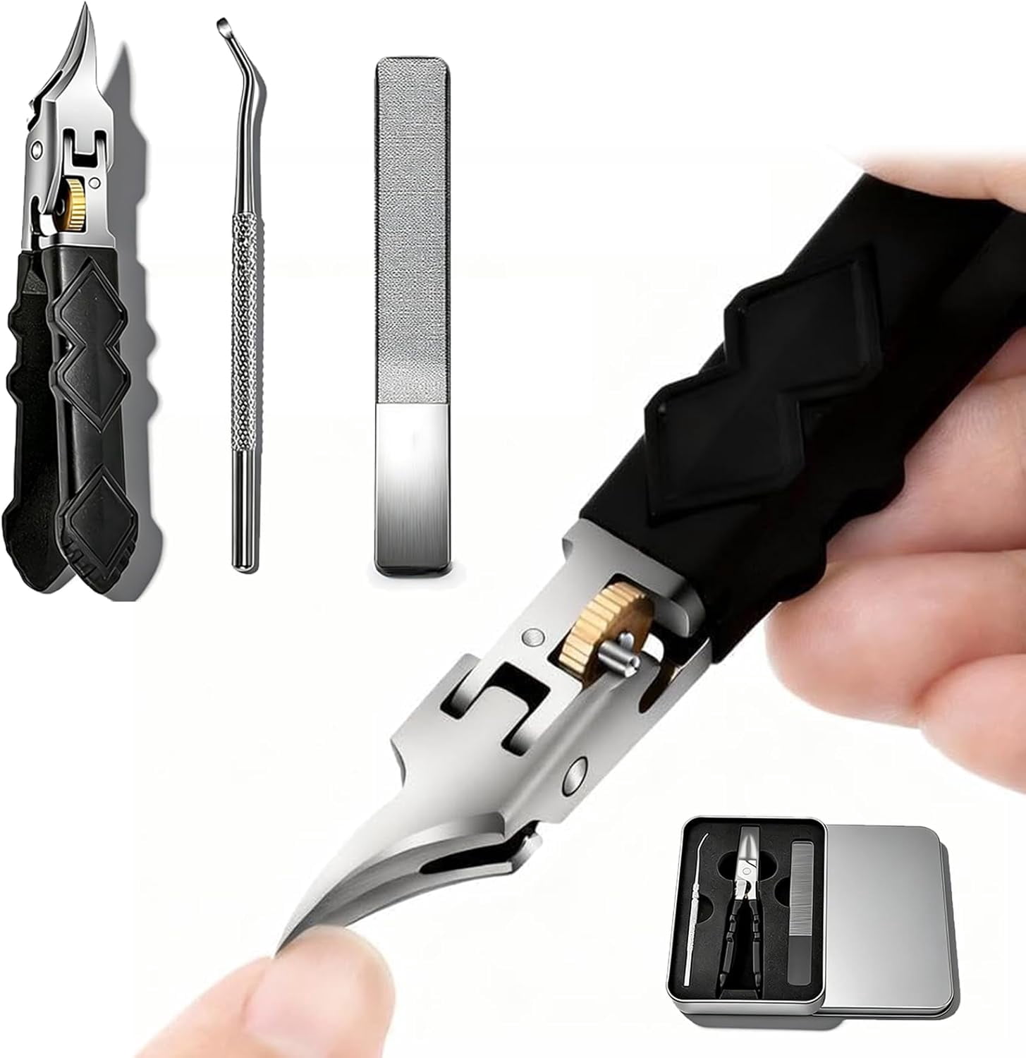 Black Anti-Slip Grip Gear Lock Nail Clipper Set with Ultra-Sharp Tips for Precise Access to Nail Grooves, Wide Jaw Opening Anti-Splash Slanted Nails Clipper for Clippers Thick Nails