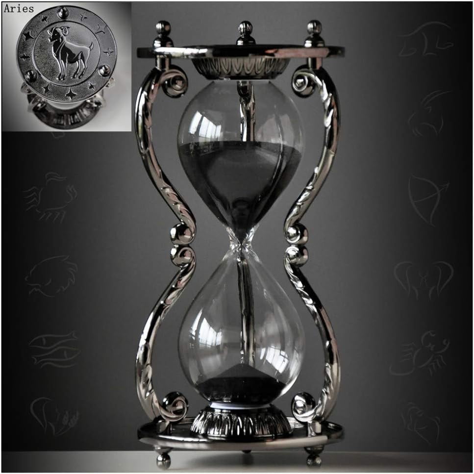 Antique Decorative Hourglass Sand Timer – 30 Minute, 12 Constellations Metal Art, 8.27in Height, Unique Desk Decor & Gift (Gemini)