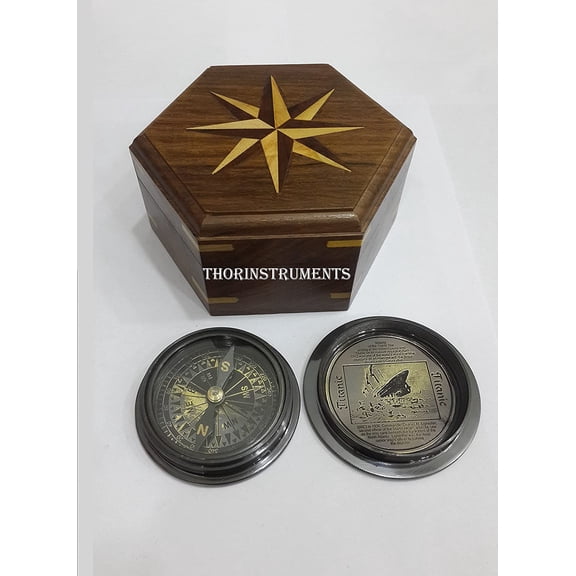 Black Antique Titanic Compass With Wooden Box Hiking Compasses