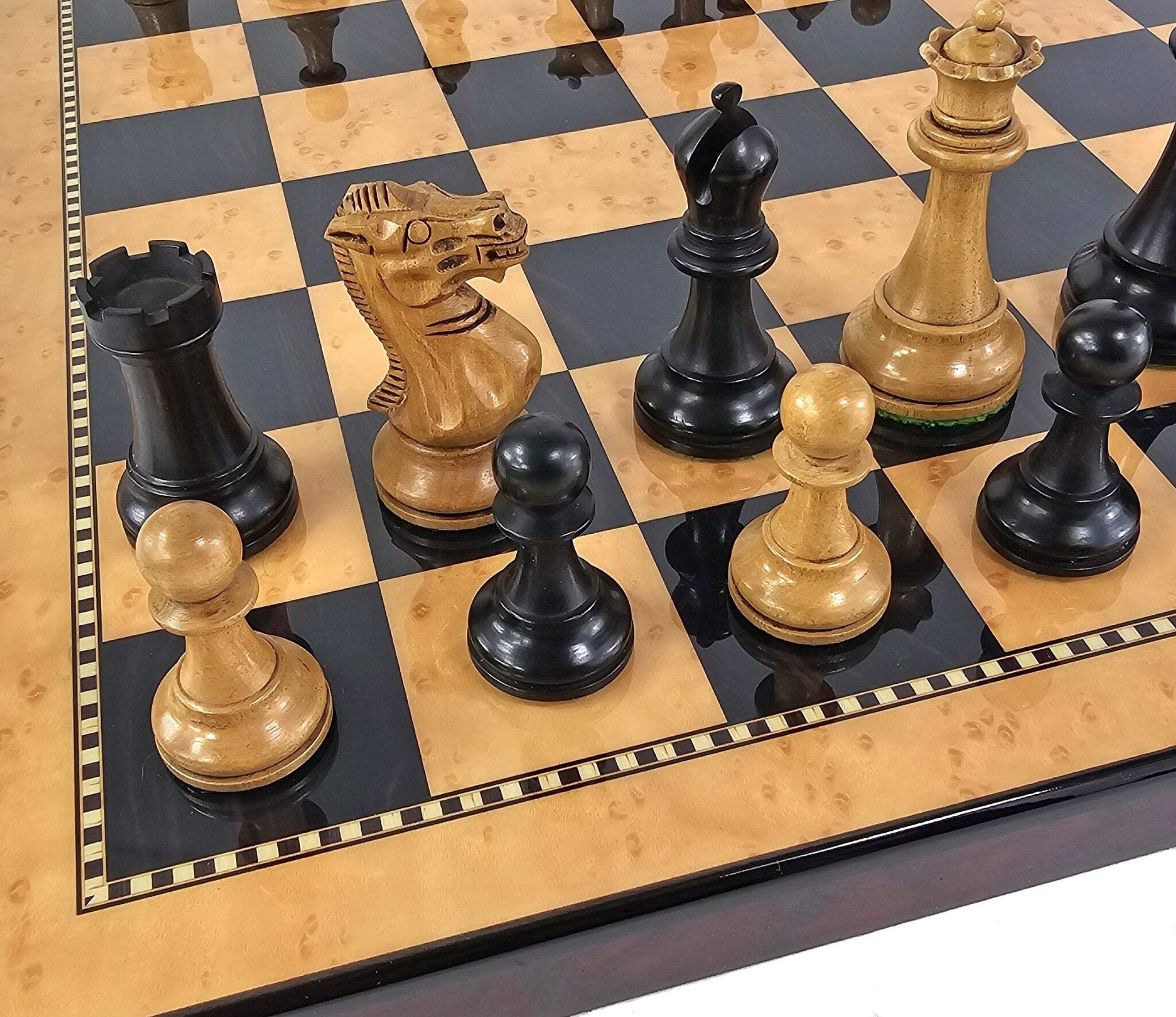 Black / Antiqued 3 3/4" Anderssen Staunton Wood Chess Set 18" Walnut Color Board