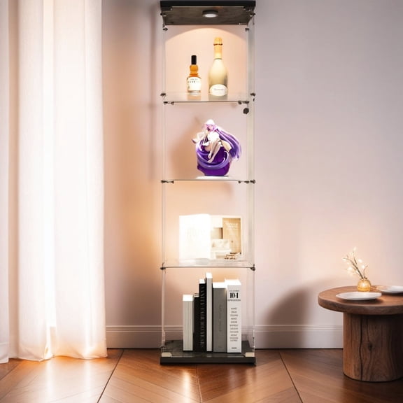 Black Appearance - Each Shelf Supports 7.7 lb - For Displaying Collectibles - Adjustable - Leg Glass Cabinet