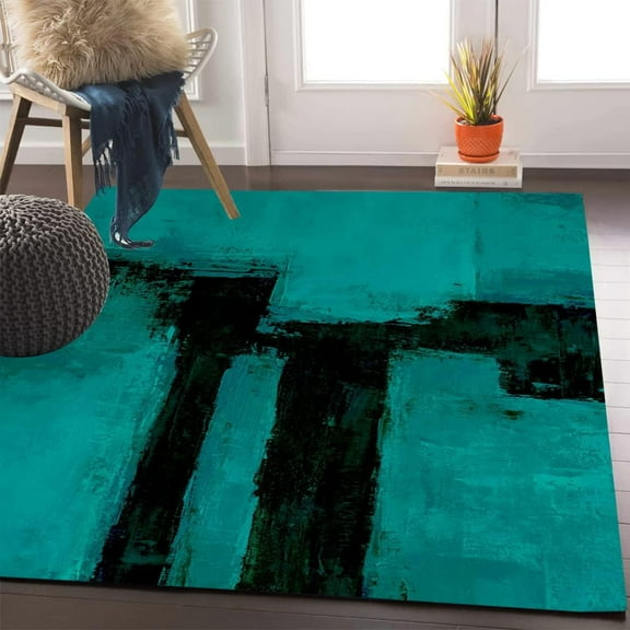 Black Aqua Blue Retro Abstract Area Rug For Living Room Bedroom Dining Room Modern Contemporary Washable Carpet Home Office Soft Kitchen Rug 5x7ft