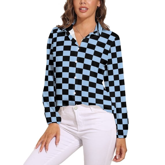 Black Aqua Yellow Checkerboard Pattern Long Sleeve Blouse Woman Streetwear Casual Shirts Summer Oversize Woman Streetwear Clothing Birthday Present