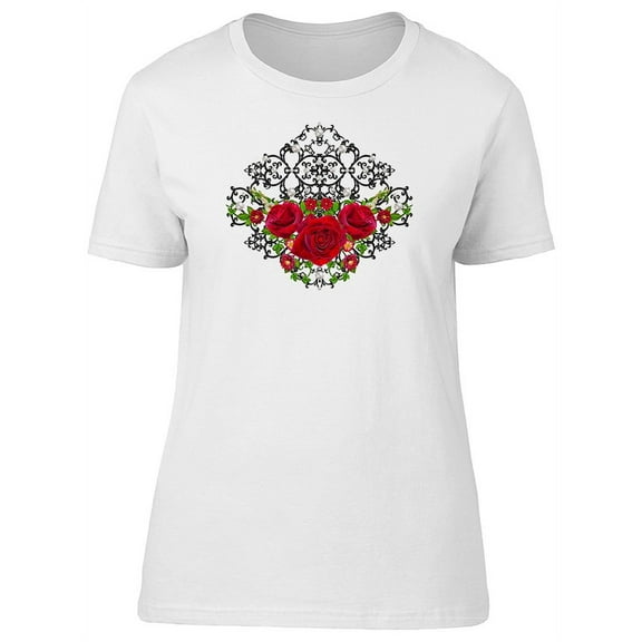 Black Arabesque With Red Roses T-Shirt Women -Image by Shutterstock, Female Large