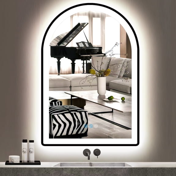 Black Arch Makeup 30x20 Inch Mirror with Light Black Frame Arched LED Lighted Mirror for Bathroom Wall Vanity Mirror with Anti-Fog Memory Function 3 Color Temperature Dimmable Led Mirror for Bathroom