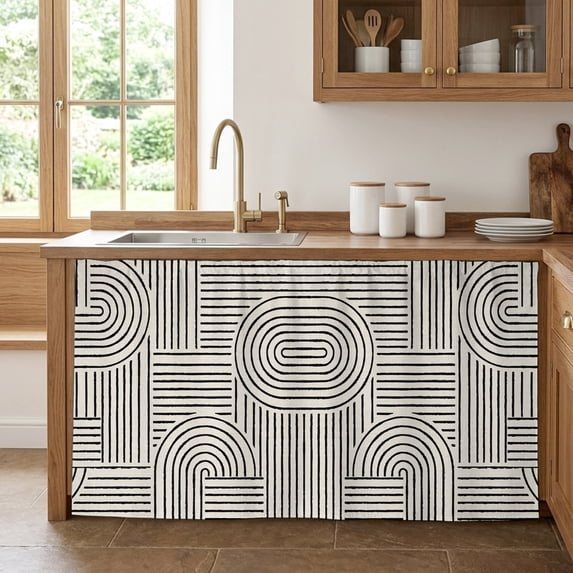 Black Arches Cabinet Curtains 28" W x 51" L, Abstract Modern Minimalist Curves Line Geometric Under-Desk Privacy Dust Proof Drape Dishwasher Curtain Sink Skirt for Kitchen Closet Bathroom Laundry