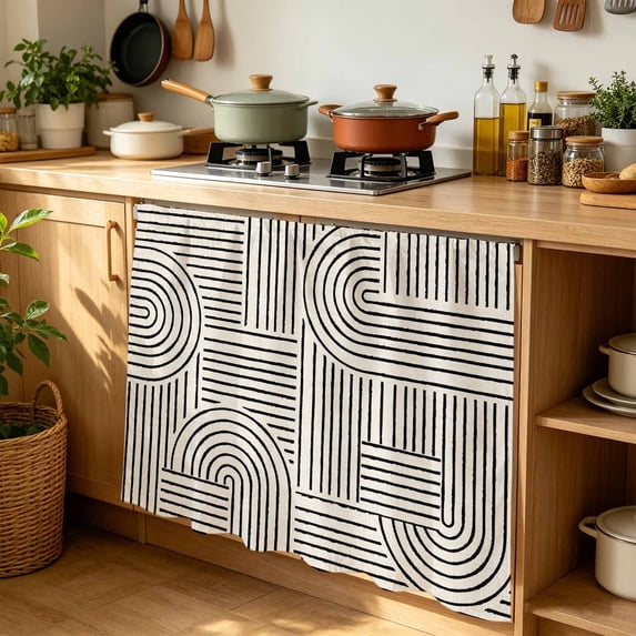 Black Arches Cabinet Curtains 35" W x 35" L, Abstract Modern Minimalist Curves Line Geometric Under-Desk Privacy Dust Proof Drape Dishwasher Curtain Sink Skirt for Kitchen Closet Bathroom Laundry