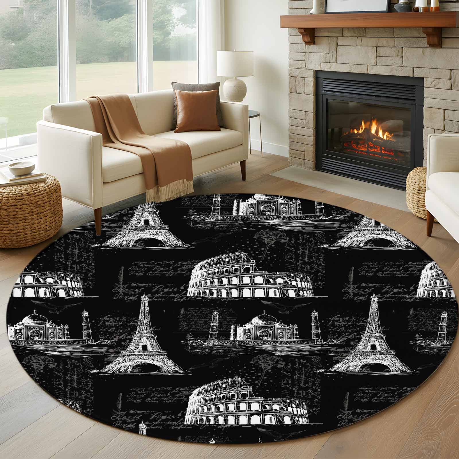 Architure Rug Black Architecture 7ft Round Rug for Living Room Conversation Area ...
