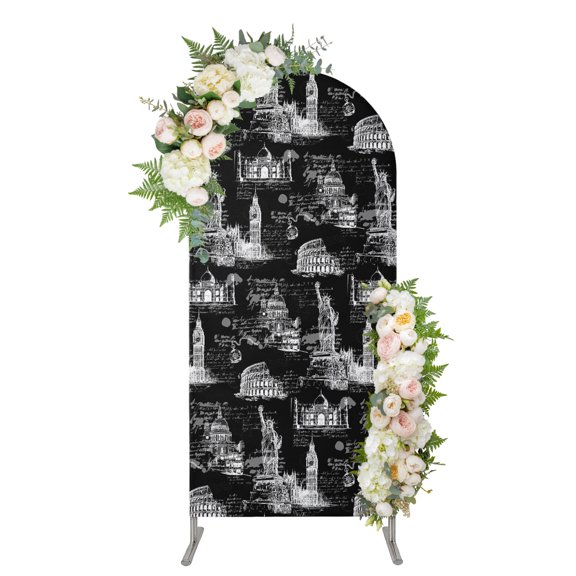 Black Architecture Arch Backdrop Cover 5FT, Abstract City Vintage Modern Art Spandex Fitted Stretchy Arch Stand Covers, Round Top Chiara Backdrop Cover for Wedding Party Birthday Baby Shower