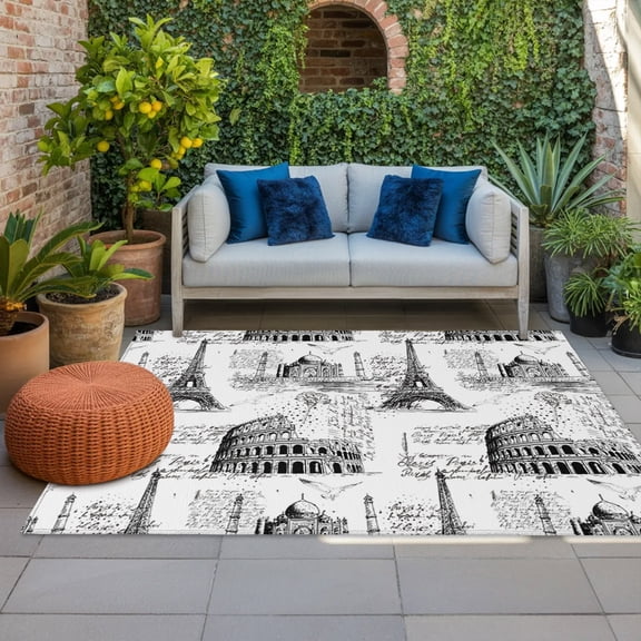 Black Architecture Indoor Outdoor Rugs 3x5 Ft, Retro Classic Black City Outdoor Patio Rugs Mat Washable Outside Area Rugs Carpet for Porch Deck RV Camping Pool Balcony Backyard
