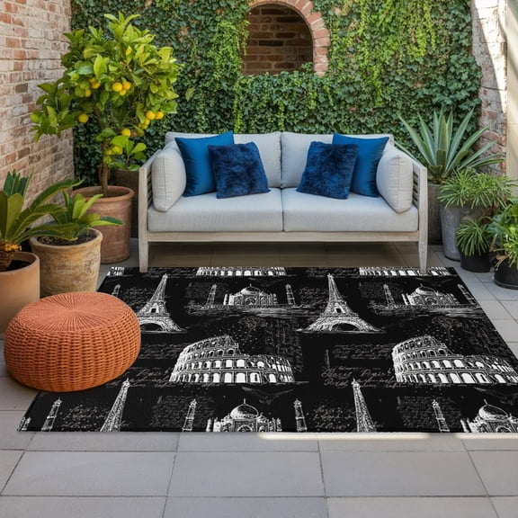 Black Architecture Indoor Outdoor Rugs 3x5 Ft, Retro Classic Black White City Outdoor Patio Rugs Mat Washable Outside Area Rugs Carpet for Porch Deck RV Camping Pool Balcony Backyard