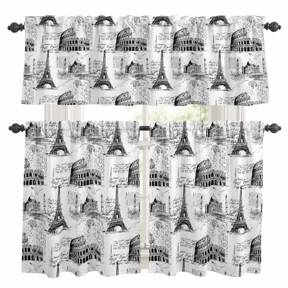Black Architecture Kitchen Curtains Set for Windows, Retro Classic Black City Curtains Valance and Tier 3 Piece Set Small Drapes 24 Inch Length for Kitchen Bedroom Decor