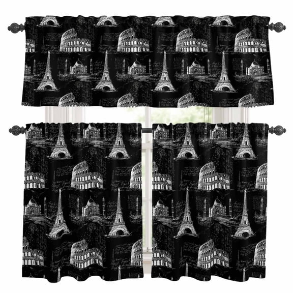 Black Architecture Kitchen Curtains Valance and Tier Set Retro Classic Black White City Rod Pocket Short Curtains for Small Window 3 Pieces Set for Bedroom Bathroom Cafe (54" x 18"+27" x 24")