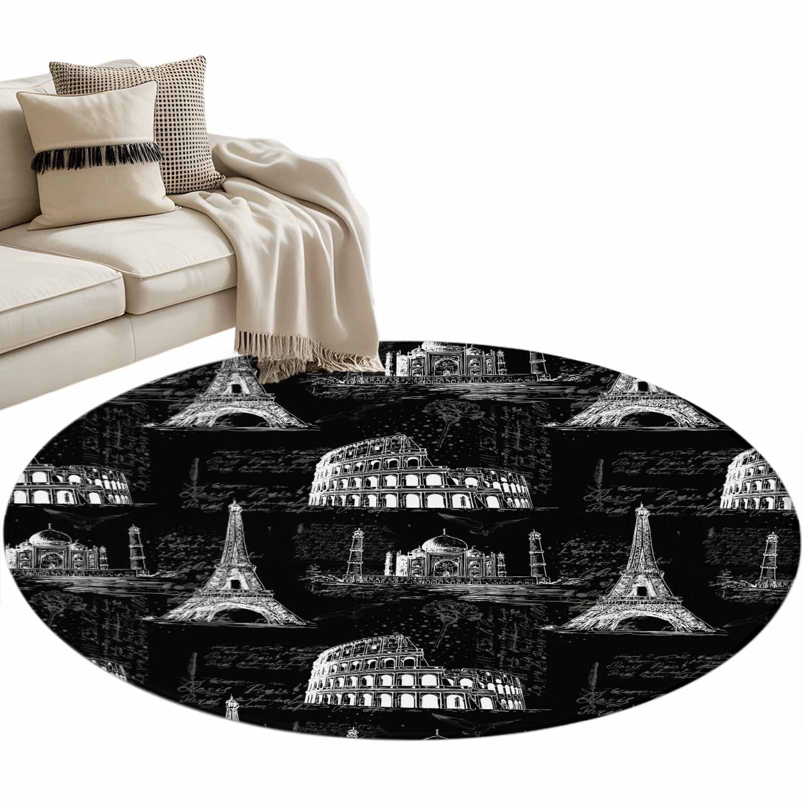 Black Architecture Round Rug 3ft Washable Circle Entryway Rugs Non Slip ...