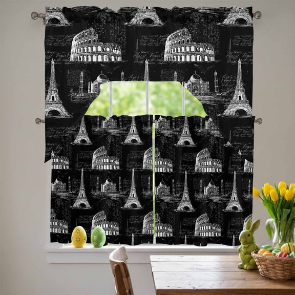 Black Architecture Swag Curtains Valance & Tier Set, Retro Classic Black White City 3 Pcs Set Kitchen Swag Valances and Tiers 24 Inch Length Rod Pocket Curtain Drapes for Bedroom