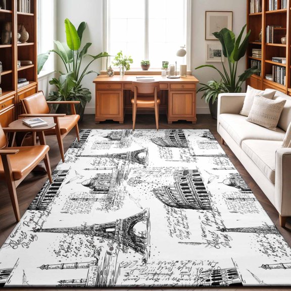 Black Architecture Washable Area Rug 9 x 12 ft Retro Classic Black City, Soft Non Slip Rugs Stain Repellent Indoor Felt Carpet for Living Dining Room Bedroom Home Office