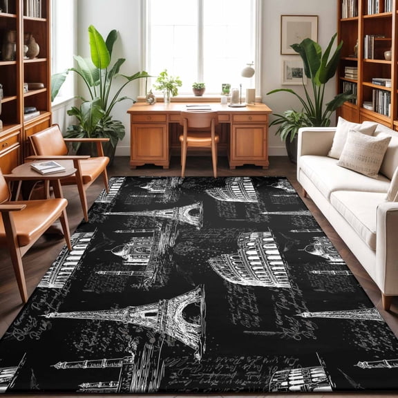 Black Architecture Washable Area Rug 9 x 12 ft Retro Classic Black White City, Soft Non Slip Rugs Stain Repellent Indoor Felt Carpet for Living Dining Room Bedroom Home Office