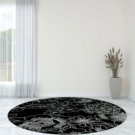 Black Area Rug 12X12, Geometric Carpet, Hand Tufted Rugs, Living room, Bedroom, Round Carpet