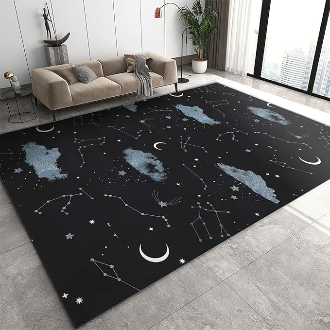 Black Area Rug, Black Night Sky Crescent Moon Stars And Clouds ...