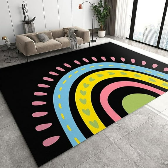 Black Area Rug, Bohemian Rainbow Rugs For Living Room, With Anti-Slip Backing Washable Indoor Carpet For Girls Bedroom Dormitory Laundry Guestroom Room Decor 5' x 7'