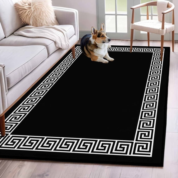 Black Area Rugs 3x5 ft Greek Chinese Style Border Geometric Washable Rug Non Slip Indoor Carpet Absorbent Floor Mat for Living Room Bedroom Dining Room
