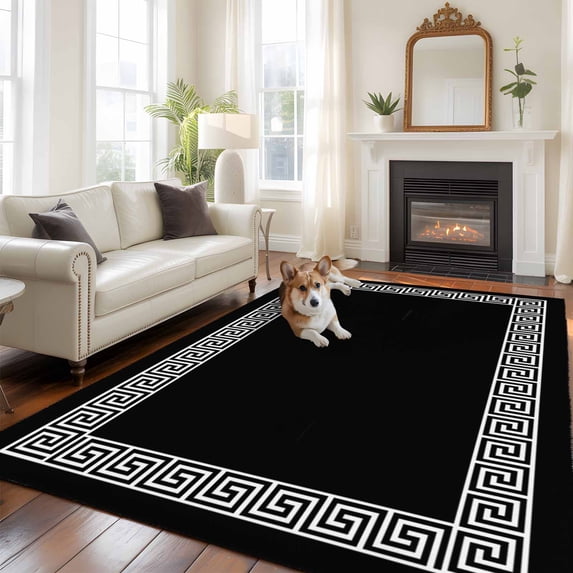Black Area Rugs 5x7 ft Greek Chinese Style Border Geometric Washable Rug Non Slip Indoor Carpet Absorbent Floor Mat for Living Room Bedroom Dining Room