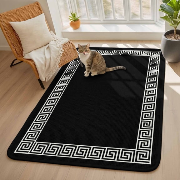 Black Area Rugs for Living Room 5x6, Greek Chinese Style Border Geometric Washable Area Rug with Non Slip Backing, Stain Resist Linen Carpet for Bedroom, Dining Room, Entryway, Entrance