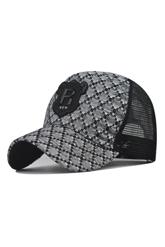 Black Argyle Jacquard Front Mesh Back Trucker Cap, Rubber R Patch Logo Curved Brim Hat-R gray