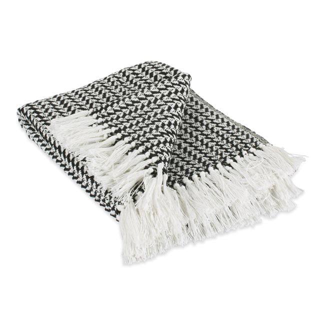 Black and White Cotton Woven Throw Blanket with Fringe