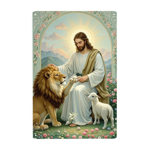 Black Art Flowers Jesus Lion Metal Sign For Home Cafes Pubs Tin Sign Wall Decoration 12 X 8 Inch