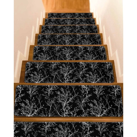 Black Art Stair Treads White Tree Branch Botanical Abstract Plant Leaves Indoor Non Slip Peel and Stick Stair Treads for Wooden Steps 7 PCS, Soft Adhesive Staircase Mats Runner Rugs 8"x30"
