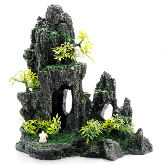 Black Artificial Betta Hiding Cave Aquarium Decor, 9.84×5.5×11 (inch) Mountain Stone Tree Rock Cave, Fish Tank Ornament & Shelter