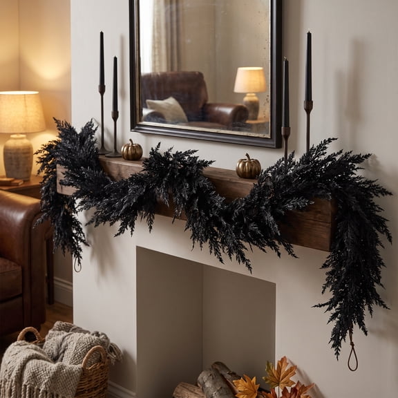 Black Artificial Cedar Garland Faux Evergreen Vine for Fireplace Mantel Staircase Wall Door Indoor Outdoor Halloween Party Home Decoration 106.3 inch B