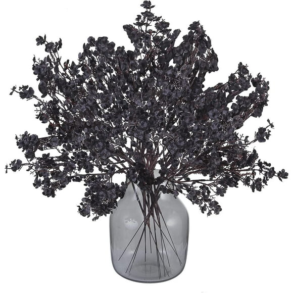 Black Artificial Flowers Babys Breath Flower Bulk Faux Silk Gypsophila Bouquet Real Touch Silk Floral Arrangement for Fall Centerpiece Halloween Home Fireplace Table Decor (Black+Vase)