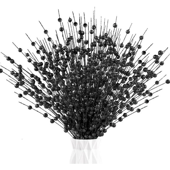 Black Artificial Glitter Berry Stem Ornaments, 10Pcs 17 inches Fake Christmas Picks Decorative Glitter Bead Sticks for Christmas Tree DIY Wreath Crafts Vase Gift Fireplace Holiday Home Decor