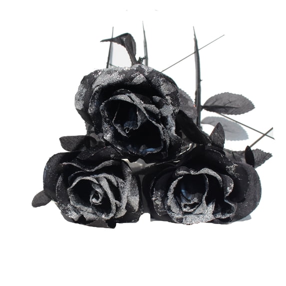 Black Artificial Latex Rose with Silver Powder for Halloween Dark Wedding Home Decor