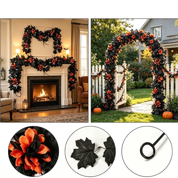 Black Artificial Maple Leaf Halloween Garland, Fade Resistant Low Maintenance Flexible Bendable Vine Swag, Gothic Foliage Decor for Fireplace Arch Window Halloween Home Holiday Styling