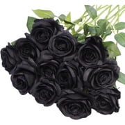 Black Artificial Roses Flowers, 12 Pcs Fake Rose in Bulk, Long Stem Realistic Silk Roses Bouquet for Centerpieces Flower Arrangement, Halloween Home Decor, Gothic Decoration Black, 12-PCS