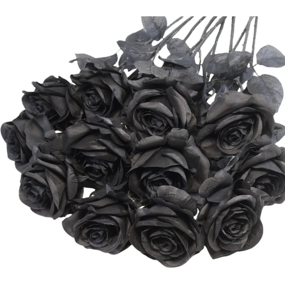 Black Artificial Roses Flowers, 12 Pcs Fake Rose in Bulk, Long Stem Realistic Silk Roses Bouquet for Centerpieces Flower Arrangement, Halloween Home Decor, Gothic Decoration (Black, 12-PCS)