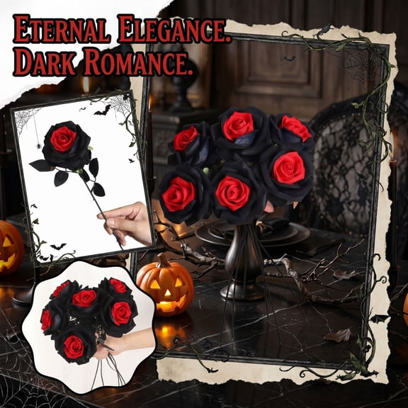 Black Artificial Roses with Red Center, 8.7in Gothic Fake Roses for Halloween Wedding Centerpieces, Dark Romance Home & Party Decor